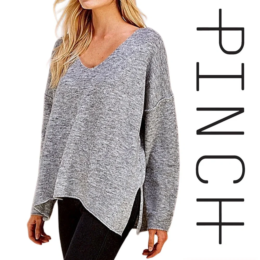 *BOUTIQUE* PINCH‎ Gray Side Slit V-Neck Sweater - Picture 2 of 4
